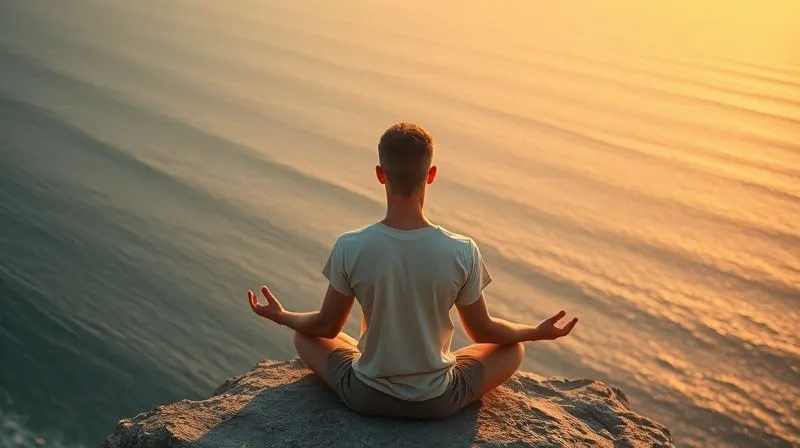 A photorealistic image of a digital nomad meditating peacefully on a cliff overlooking a serene ocean, with a faint, transparent overlay of a highly efficient, self-operating digital workflow system subtly visible in the background, symbolizing inner peace achieved through external automation. The nomad's face shows calm and contentment. Golden hour, cinematic lighting, sharp focus on the nomad, 8K, professional photography, shot on a high-end DSLR.