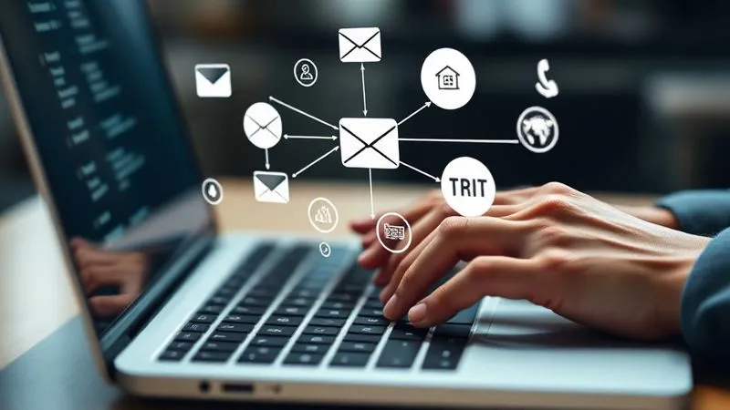 A photorealistic close-up of hands typing on a laptop keyboard, with a complex workflow diagram overlaying the screen, showing automated tasks connecting different software icons (e.g., email, HR platform, communication tool). Cinematic lighting, sharp focus on hands and screen, depth of field blurring the background. 8K hyper-detailed, professional photography.