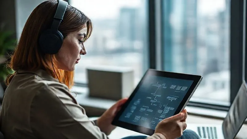 A photorealistic image of a professional woman, wearing noise-canceling headphones, looking thoughtfully at a complex digital flowchart on a tablet. Her remote workspace is minimalist and organized, with a window showing a blurry cityscape in the background. Cinematic lighting, sharp focus on the woman and tablet, depth of field. 8K hyper-detailed, professional photography.