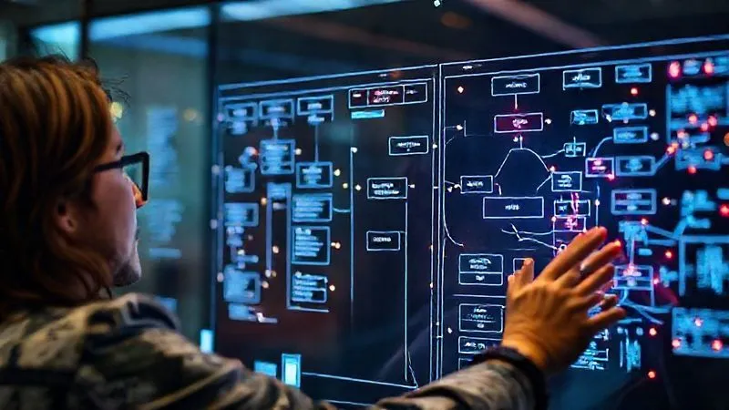 A photorealistic image of a busy digital nomad looking at a complex flowchart on a transparent screen, overlaid with vibrant data points, representing process mapping and optimization. Cinematic lighting, sharp focus, 8K, shot on a high-end DSLR.