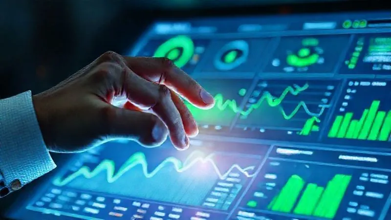 A photorealistic image of a digital nomad's hand hovering over a holographic interface displaying a dashboard with real-time metrics for automated workflows, showing green graphs of efficiency and growth. Cinematic lighting, sharp focus, 8K, shot on a high-end DSLR.