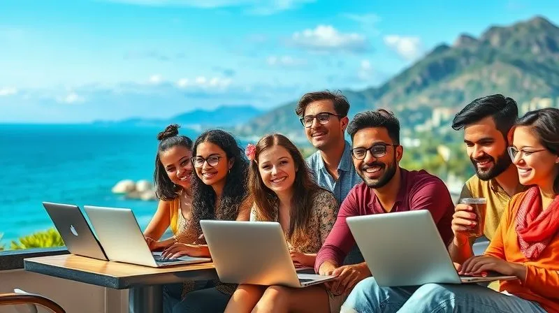 A diverse group of digital nomads from various ethnic backgrounds, smiling and interacting, some working on laptops in different scenic locations like a bustling cafe, a serene beach, and a mountain top. Photorealistic, professional photography, 8K, cinematic lighting, sharp focus, depth of field.