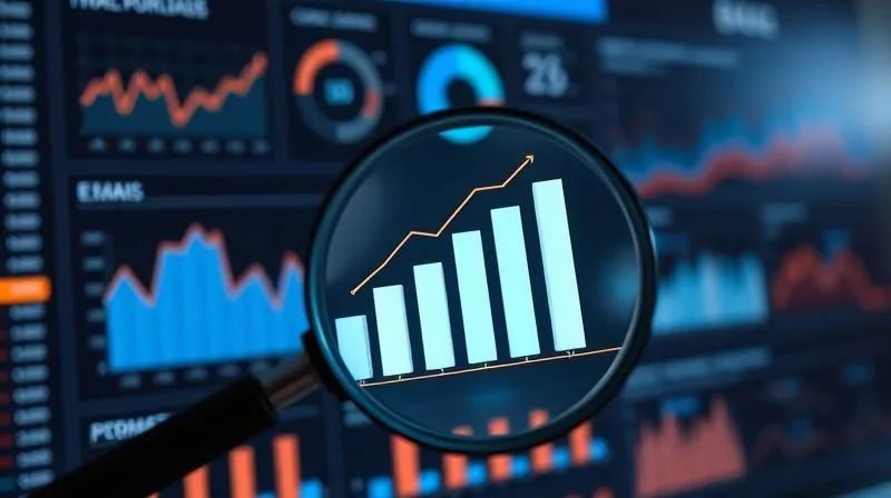 A digital dashboard with various charts and graphs showing email marketing metrics, with a magnifying glass hovering over a bar chart showing a significant increase in sales conversion rates. Photorealistic, professional photography, 8K, cinematic lighting, sharp focus on the dashboard, depth of field.