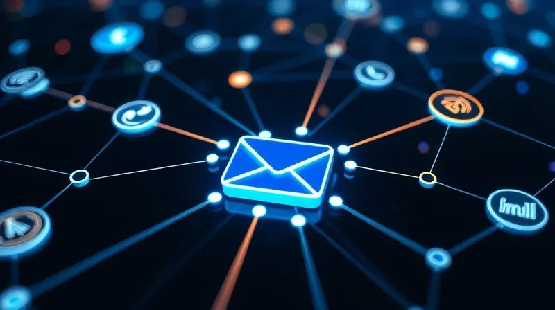 A network of interconnected digital tools and platforms, represented by glowing lines and nodes, with an email icon at the center, surrounded by icons for social media, CRM, analytics, and e-commerce. Photorealistic, professional photography, 8K, cinematic lighting, sharp focus on the central email icon and its connections, depth of field.