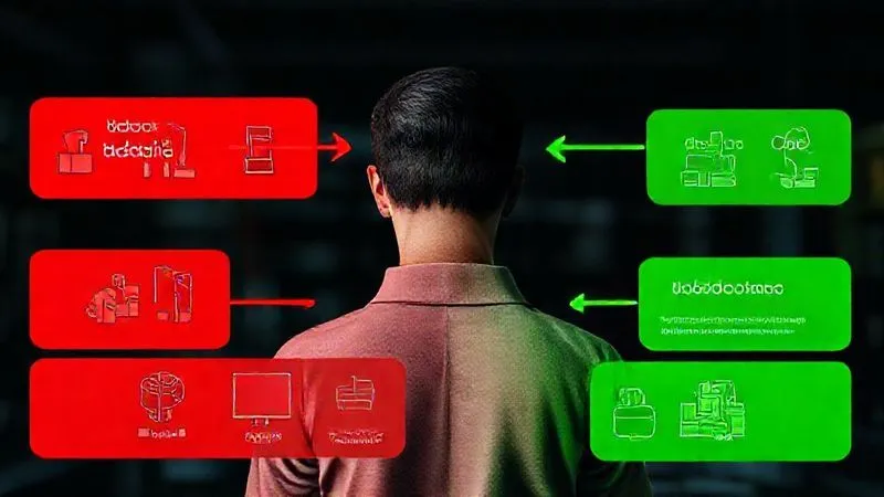 A photorealistic workflow diagram showing a person's daily tasks, with repetitive, low-value tasks highlighted in red and high-value, creative tasks in green. Arrows pointing from red tasks to automated systems, leading to more green tasks. Cinematic lighting, sharp focus, 8K hyper-detailed.