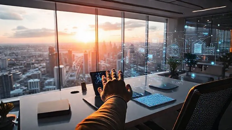 A photorealistic image of a futuristic, minimalist desk setup in a bright, airy co-working space overlooking a bustling city. Holographic interfaces display interconnected data and automated workflows, with a human hand gently interacting with a gesture-controlled interface. Cinematic lighting, sharp focus, 8K hyper-detailed.