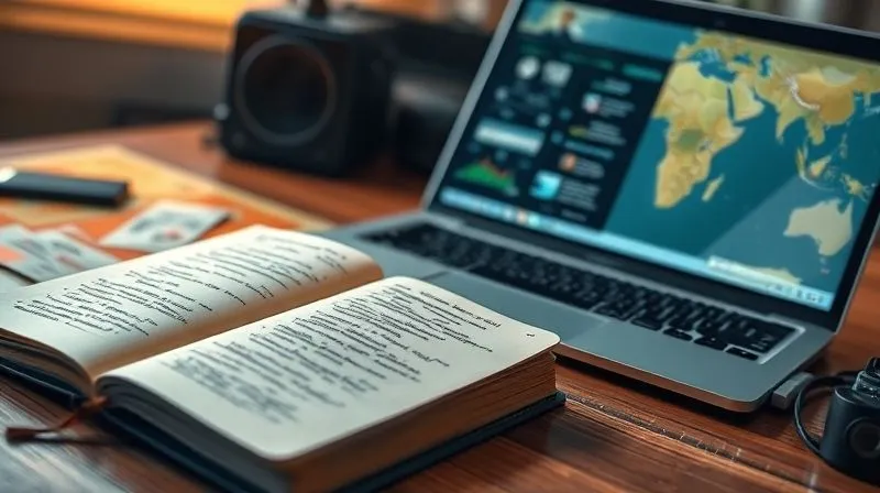 A photorealistic image of a digital nomad's desk with a journal open, showing handwritten lists and notes, next to a laptop displaying a mind map or flowchart of tasks. Cinematic lighting, sharp focus on the journal and laptop, depth of field blurring a travel map in the background. Professional photography, 8K hyper-detailed.