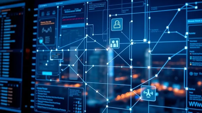 A photorealistic image of a complex digital dashboard with interconnected nodes and lines, representing automated workflows and data flow between different applications. The aesthetic is clean, modern, and high-tech, with glowing accents. Cinematic lighting, sharp focus on the dashboard, depth of field blurring a distant city skyline seen through a window. Professional photography, 8K hyper-detailed.