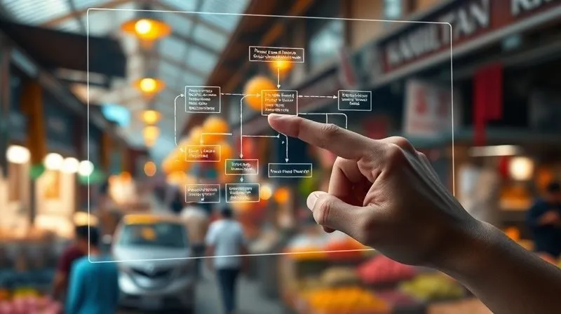 A photorealistic image of a digital nomad's hand pointing at a flowchart on a transparent screen, overlaid on a backdrop of a vibrant, bustling marketplace in a foreign country. The flowchart details steps for automating a specific task, with glowing nodes. Cinematic lighting, sharp focus on the hand and screen, depth of field blurring the background. Professional photography, 8K hyper-detailed.