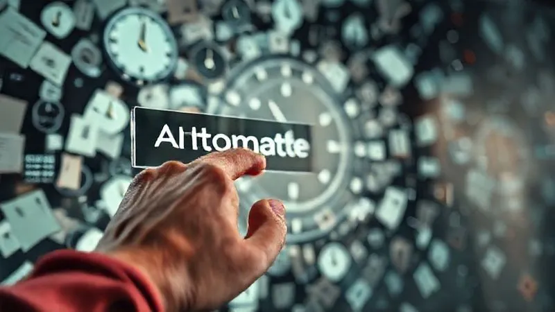A photorealistic image of a person's hand pressing a button labeled 'Automate' on a sleek, futuristic interface, with a chaotic swirl of papers and clocks in the background transforming into an organized, flowing digital stream. Cinematic lighting, sharp focus on the hand and interface, depth of field blurring the background chaos. 8K hyper-detailed, professional photography, shot on a high-end DSLR.