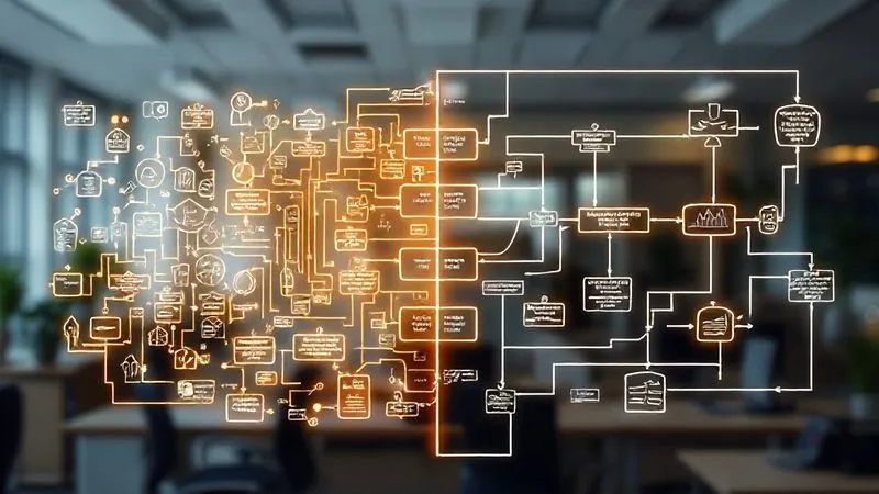 A photorealistic and intricate flowchart diagram, glowing with digital lines, illustrating a complex business workflow being streamlined into a simple, automated path. The 'before' side is messy and convoluted, while the 'after' side is clean and efficient. Cinematic lighting, sharp focus on the diagram, depth of field blurring the background office setting. 8K hyper-detailed, professional photography, shot on a high-end DSLR.