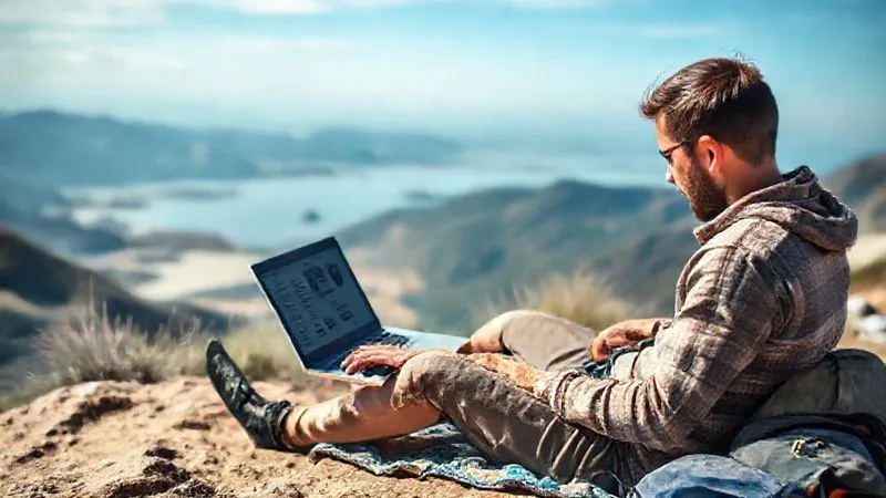 Photorealistic image of a digital nomad working on a laptop in a scenic, remote location (e.g., a mountain top or a quiet beach), with a tablet open next to them displaying a project rubric. The scene should convey a sense of freedom and focused work, with cinematic lighting and sharp focus on the individual and their devices, 8K hyper-detailed, depth of field blurring the expansive natural background, shot on a high-end DSLR.