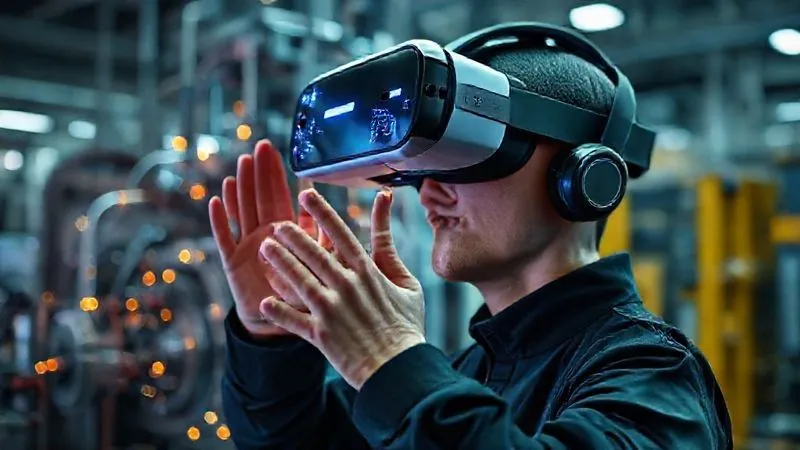 Photorealistic image of a virtual reality headset showing a hands-on simulation, like repairing a complex machine or coding in a 3D environment. Glowing data points and metrics are subtly overlaid on the virtual scene. Professional photography, 8K, cinematic lighting, sharp focus on the VR experience, depth of field, shot on a high-end DSLR.