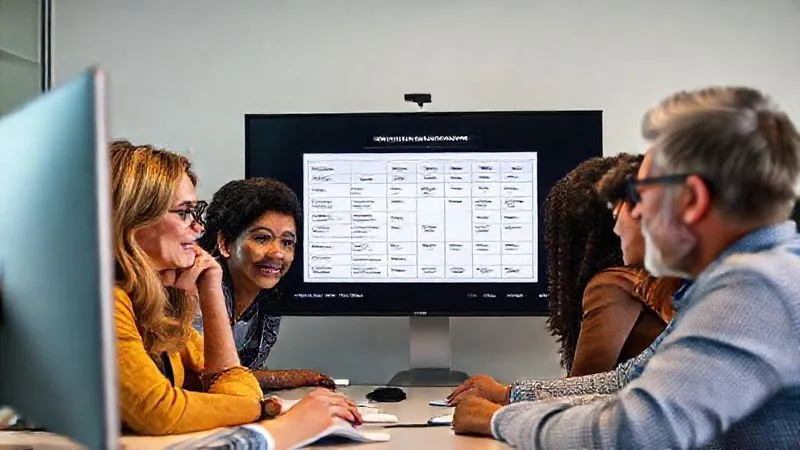 Photorealistic image of a diverse group of educators or mentors in a video conference call, looking at a shared screen displaying a detailed rubric for evaluating a project. Their expressions are focused and collaborative, suggesting a calibration session. Professional photography, 8K, cinematic lighting, sharp focus on the faces and the screen content, depth of field, shot on a high-end DSLR.