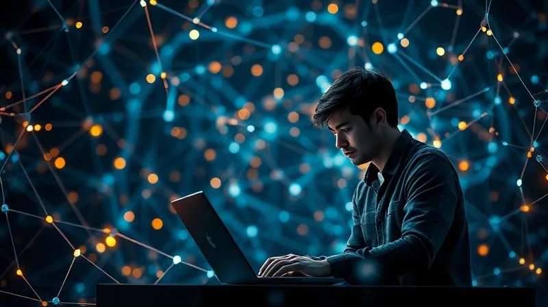 A photorealistic image of a complex, interwoven network of digital lines and nodes, with some sections glowing brightly and others flickering or dim, representing varying internet signal strengths. In the foreground, a calm and focused digital nomad works on a laptop, seemingly unfazed, with a subtle aura of determination. Cinematic lighting, sharp focus on the nomad, depth of field blurring the background network. 8K hyper-detailed, professional photography, shot on a high-end DSLR.