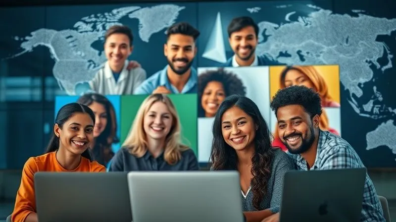A diverse group of smiling digital nomads collaborating virtually on a complex project, their faces visible on screens arranged in a harmonious, mosaic-like pattern. They radiate trust, mutual respect, and productivity, with subtle elements of global connectivity in the background, like faint lines connecting different points on a map. Cinematic lighting, sharp focus on the faces, depth of field blurring the background. 8K hyper-detailed, professional photography, shot on a high-end DSLR.