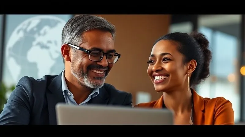 A photorealistic image of a diverse, empathetic leader (could be male or female, any ethnicity) having a virtual one-on-one conversation with a team member. Both are smiling and engaged. The leader is actively listening, with a subtle, stylized globe icon or network lines in the background representing global collaboration and support. Cinematic lighting, sharp focus on the faces, depth of field blurring the background. 8K hyper-detailed, professional photography, shot on a high-end DSLR.
