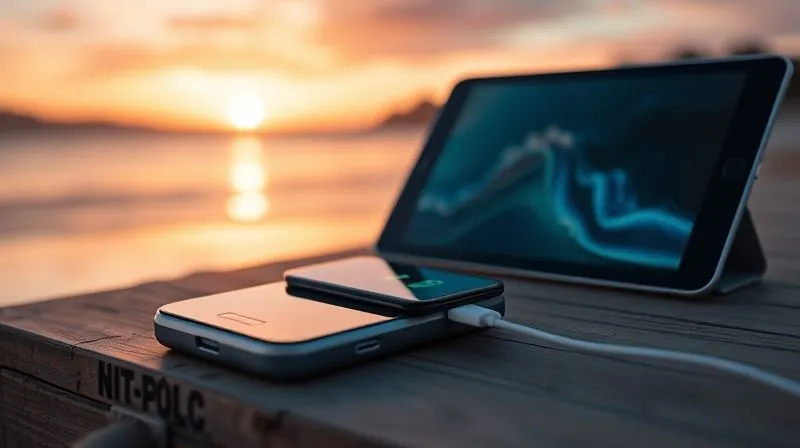 photorealistic, professional photography, 8K, cinematic lighting, sharp focus, depth of field, shot on a high-end DSLR, showing a sleek, modern power bank charging a smartphone and a tablet simultaneously, with a blurred backdrop of a scenic, remote landscape like a mountain range or a beach at sunset, emphasizing portability and essential connectivity.