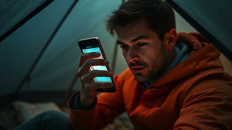 photorealistic, professional photography, 8K, cinematic lighting, sharp focus, depth of field, shot on a high-end DSLR, depicting a person carefully adjusting the brightness on a smartphone screen in a dimly lit tent, with a subtle glow from the screen, emphasizing thoughtful energy conservation in a remote setting.