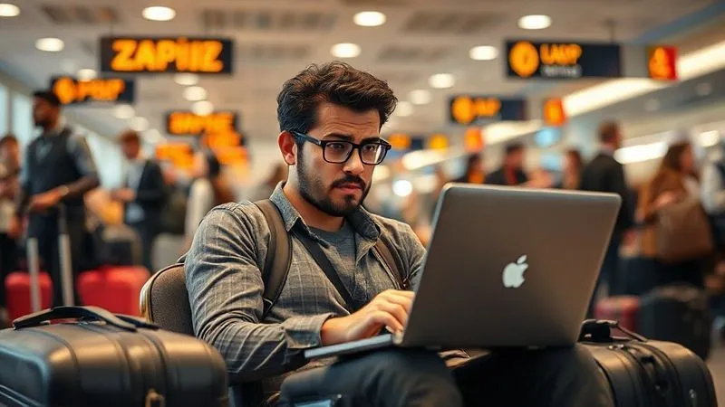 A photorealistic image of a digital nomad looking stressed while trying to study a language on a laptop in a chaotic airport lounge, surrounded by luggage and people, symbolizing the challenges of studying while traveling. Cinematic lighting, sharp focus on the nomad and laptop, depth of field blurring the background, 8K hyper-detailed, professional photography.