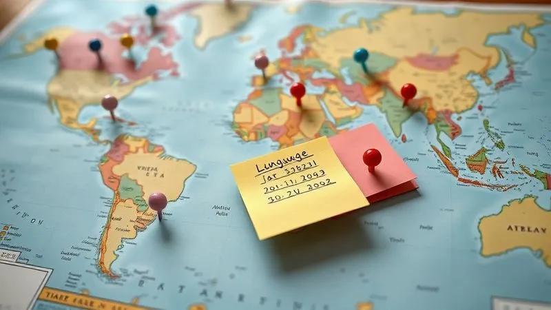 A photorealistic image of a detailed travel map spread on a table, with various colored pins marking different cities. Overlaid on the map are post-it notes with language study schedules and circled dates, symbolizing the strategic planning of language certification while traveling. Cinematic lighting, sharp focus on the map and notes, depth of field blurring the background, 8K hyper-detailed, professional photography.