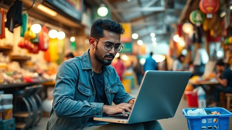 A photorealistic image of a digital nomad calmly working on a laptop in a vibrant, slightly chaotic outdoor market in Southeast Asia, with a portable Wi-Fi hotspot device visible next to them. The nomad maintains a focused expression, embodying resilience and adaptability. Cinematic lighting, sharp focus on the nomad and technology, depth of field blurring the background, 8K hyper-detailed, professional photography.