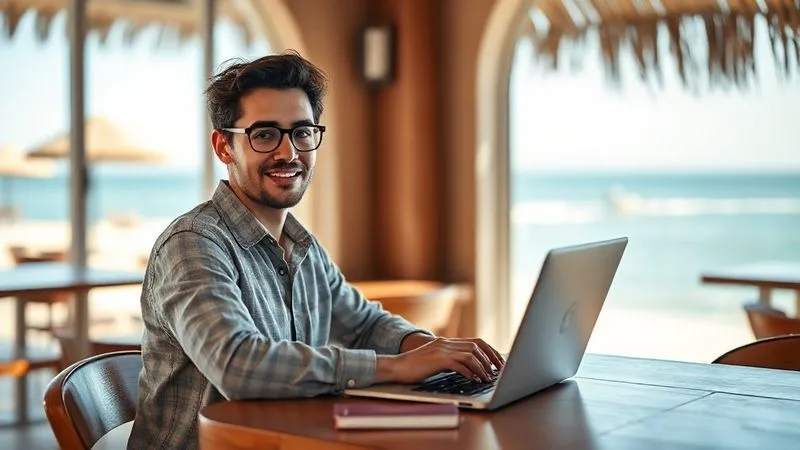 A photorealistic image of a digital nomad, with a confident and relaxed expression, successfully completing an online language test on a laptop in a serene, sunlit cafe overlooking a beautiful beach. A passport and a small, neat planner are on the table. Cinematic lighting, sharp focus on the nomad and the laptop screen, depth of field blurring the scenic background, 8K hyper-detailed, professional photography, conveying a sense of achievement and peace.