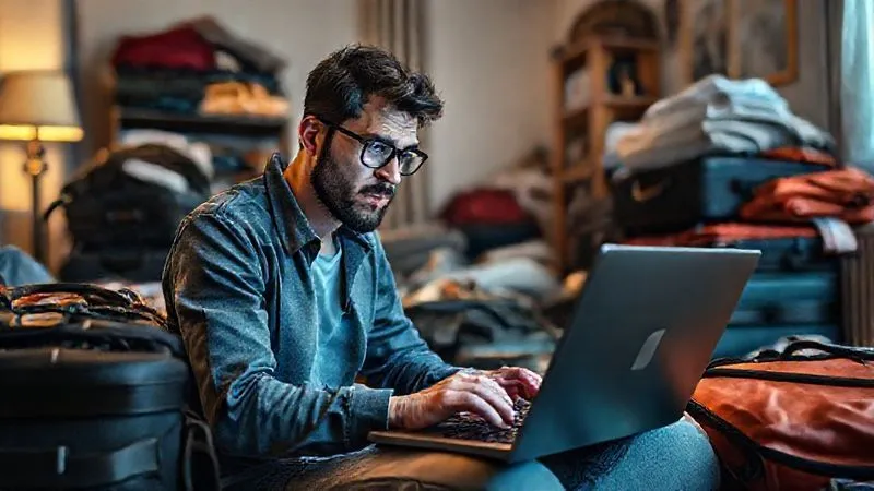 A photorealistic image of a confused digital nomad looking at a chaotic calendar on a laptop, surrounded by unpacked luggage in a temporary apartment, cinematic lighting, sharp focus, depth of field, 8K, shot on a high-end DSLR.