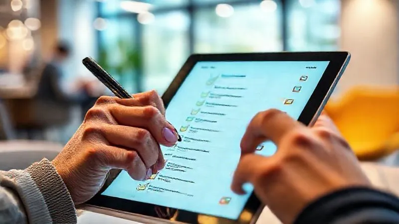 A photorealistic close-up of a hand using a stylus on a tablet, displaying a meticulously organized digital checklist app with colorful categories, in a bright, modern co-working space, professional photography, 8K, cinematic lighting, sharp focus, depth of field, shot on a high-end DSLR.