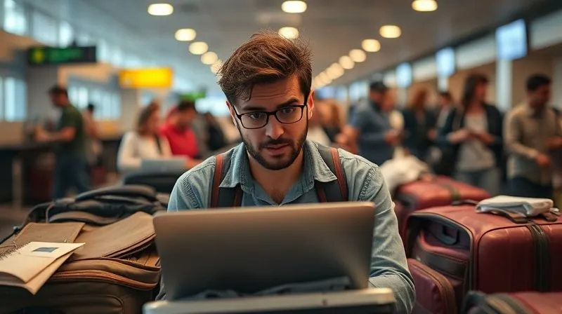 A photorealistic image showing a digital nomad looking overwhelmed in a busy airport lounge, surrounded by open luggage, a laptop, and multiple half-finished tasks. The background is slightly blurred to emphasize the chaos, cinematic lighting, sharp focus on the person's stressed expression, depth of field, 8K hyper-detailed, shot on a high-end DSLR.