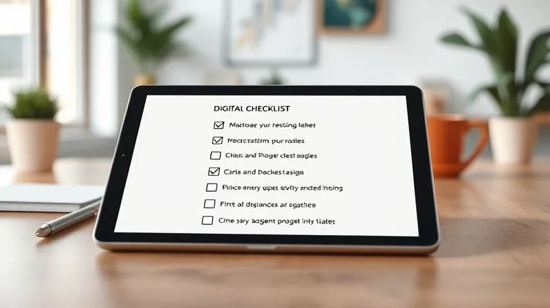 A photorealistic image of a perfectly organized digital checklist on a tablet, displaying clear, concise, and actionable items for a design project. The background is a clean, modern workspace with natural light, sharp focus on the tablet screen, depth of field, 8K hyper-detailed, shot on a high-end DSLR.
