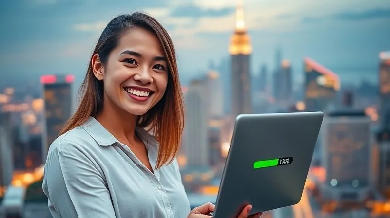 A photorealistic image of a digital nomad smiling confidently, holding a laptop displaying a green progress bar at 100% completion, with a vibrant, organized city skyline in the background, symbolizing success and control. Cinematic lighting, sharp focus on the person and laptop, depth of field, 8K hyper-detailed, shot on a high-end DSLR.