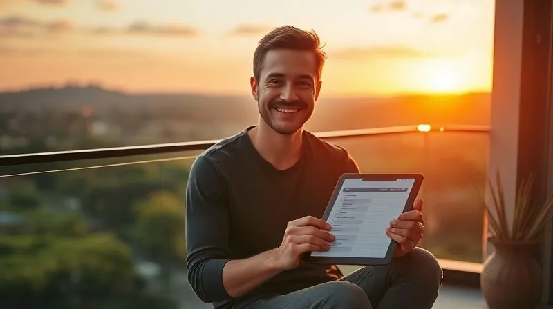 A photorealistic image of a digital nomad sitting calmly on a balcony overlooking a serene landscape at sunset, holding a perfectly organized digital planner or checklist on a tablet, a gentle smile on their face, conveying a sense of peace, control, and successful productivity. Cinematic lighting, warm colors, sharp focus on the person and tablet, depth of field, 8K hyper-detailed, shot on a high-end DSLR.