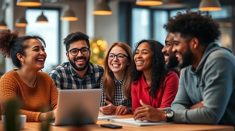 A photorealistic image of a diverse group of digital nomads laughing and collaborating at a modern coworking space. The atmosphere is vibrant and inclusive, with warm, inviting lighting. Professional photography, 8K, cinematic lighting, sharp focus on the group, depth of field subtly blurring the background, shot on a high-end DSLR.