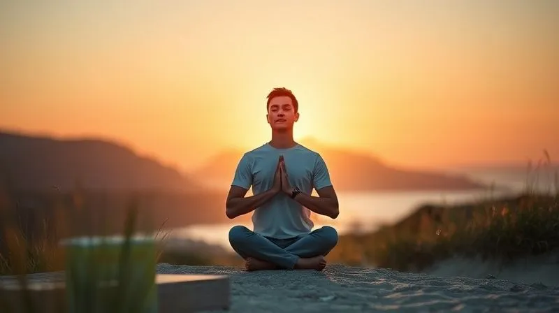 A photorealistic image of a digital nomad practicing mindfulness or meditation in a peaceful natural setting, like a beach at sunset or a mountain top. The lighting is soft and serene, emphasizing tranquility and focus. Professional photography, 8K, cinematic lighting, sharp focus on the person, depth of field blurring the background, shot on a high-end DSLR.