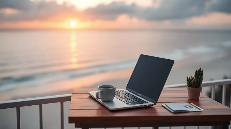 A photorealistic image of a minimalist, well-organized digital nomad workspace set up on a balcony overlooking a serene beach at sunrise. The laptop is open, a fresh cup of coffee steams gently, and there's a small succulent plant. Soft, warm cinematic lighting, sharp focus on the workspace, depth of field blurring the beach, 8K hyper-detailed, professional photography, shot on a high-end DSLR.