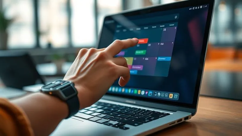 A photorealistic close-up of a digital nomad's hand, wearing a minimalist watch, tapping on a laptop keyboard. The screen shows a calendar application with clearly defined color-coded blocks for 'Deep Work' and 'Breaks'. The background is a slightly blurred, vibrant co-working space. Cinematic lighting, sharp focus on the hand and screen, depth of field, 8K hyper-detailed, professional photography, shot on a high-end DSLR.