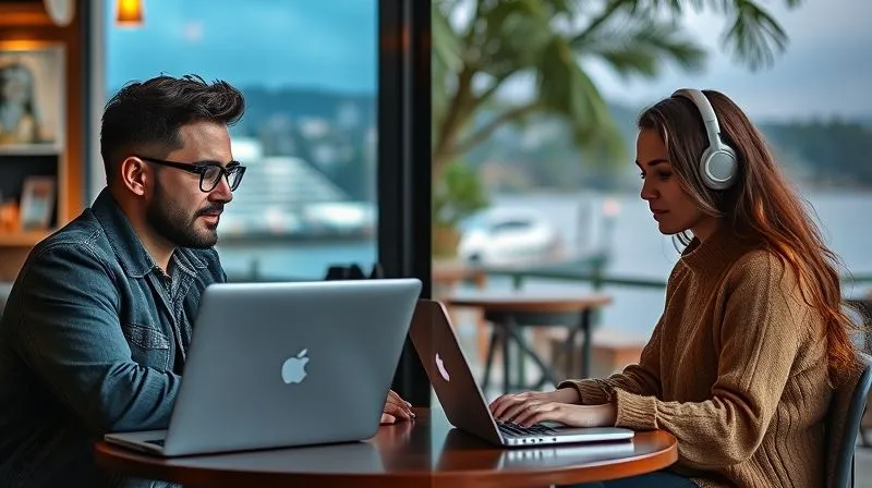 A photorealistic image of two diverse digital nomads, one male and one female, engaged in a focused video call on their laptops. They are in different beautiful locations (one in a bustling city cafe, the other by a calm lakeside), symbolizing remote collaboration and mutual accountability. Professional photography, cinematic lighting, sharp focus on their faces and screens, depth of field, 8K hyper-detailed, shot on a high-end DSLR.
