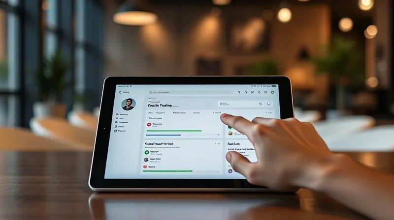 A photorealistic image of a sleek tablet screen displaying a well-organized task management application (e.g., Trello or Asana) with colorful cards and progress bars. A hand is about to tap on a 'completed' task. The background is a modern, minimalist co-working space. Professional photography, cinematic lighting, sharp focus on the tablet, depth of field, 8K hyper-detailed, shot on a high-end DSLR.