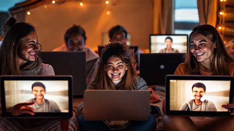 A photorealistic image of a diverse group of digital nomads, each in their own remote location (e.g., beach, mountain cabin, city apartment), connected via a video call on their laptops. Their faces are lit by screen glow, smiling and engaged in conversation, with a sense of shared purpose and connection despite the distance. Cinematic lighting, sharp focus on faces, 8K hyper-detailed, professional photography, shot on a high-end DSLR.