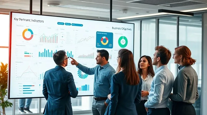 Photorealistic, a diverse group of business professionals in a modern office setting collaborating around a large, interactive screen displaying a complex dashboard with various charts and graphs representing Key Performance Indicators (KPIs) and business objectives. One person points to a specific metric, while others nod in understanding. Cinematic lighting, sharp focus on the screen and faces, depth of field blurring the background, 8K hyper-detailed, professional photography, shot on a high-end DSLR.