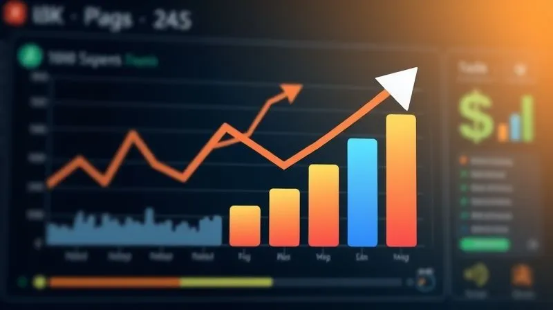 Photorealistic, a visually striking infographic or dashboard depicting cost savings and efficiency gains. Elements include a downward trending line graph for expenses, an upward trending bar chart for productivity, and a large dollar sign icon with an upward arrow. The design is clean, professional, and uses a modern color palette. Cinematic lighting, sharp focus, depth of field blurring the background, 8K hyper-detailed, professional photography, shot on a high-end DSLR.