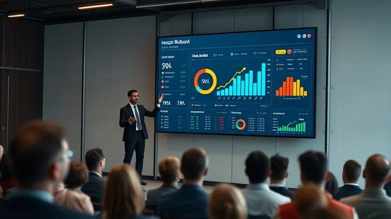Photorealistic, a modern corporate presentation room with a large screen displaying a professional, impactful data dashboard. The dashboard features clear, colorful charts demonstrating positive ROI, cost savings, and improved performance metrics. A presenter, in business attire, stands confidently beside the screen, gesturing towards the data. The room is well-lit with cinematic lighting, sharp focus on the screen and presenter, depth of field blurring the audience, 8K hyper-detailed, professional photography, shot on a high-end DSLR.