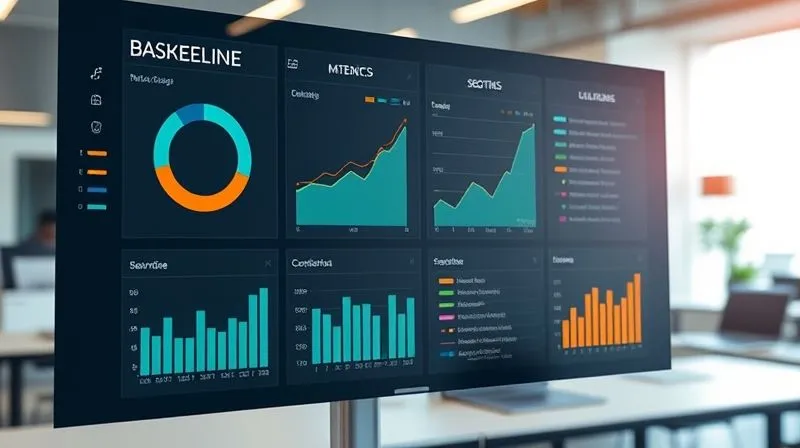 A photorealistic image of a meticulously organized data dashboard showing baseline metrics before a corporate training program, with subtle indicators of areas for improvement. The dashboard uses clean, modern design, cinematic lighting, sharp focus on the data points, depth of field blurring the background of a professional office. 8K hyper-detailed, professional photography, shot on a high-end DSLR.