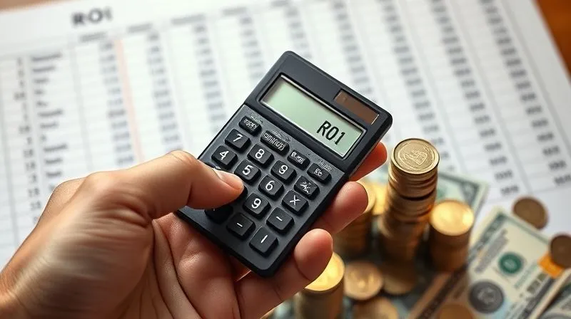 A photorealistic image of a hand holding a calculator, with the ROI formula clearly displayed on its screen, surrounded by stacks of coins and dollar bills, symbolizing financial gains. The background is a blurred spreadsheet showing positive financial trends. Cinematic lighting, sharp focus on the calculator and money, depth of field. 8K hyper-detailed, professional photography, shot on a high-end DSLR.
