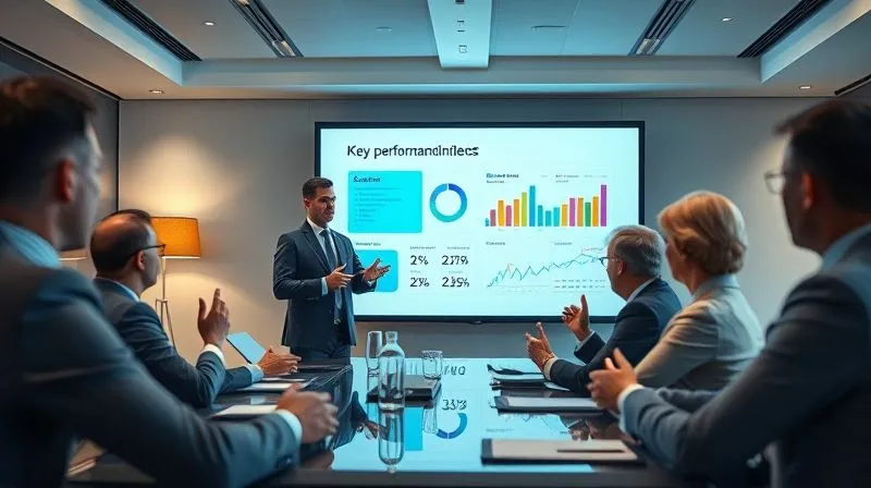 A photorealistic image of a dynamic business presentation in a modern boardroom. An executive is confidently presenting a clear, visually appealing slide showing key performance indicators and ROI metrics with vibrant charts and graphs. The leadership team is engaged and nodding, with cinematic lighting highlighting the presenter and the screen. Sharp focus on the presentation, depth of field blurring the background. 8K hyper-detailed, professional photography, shot on a high-end DSLR.