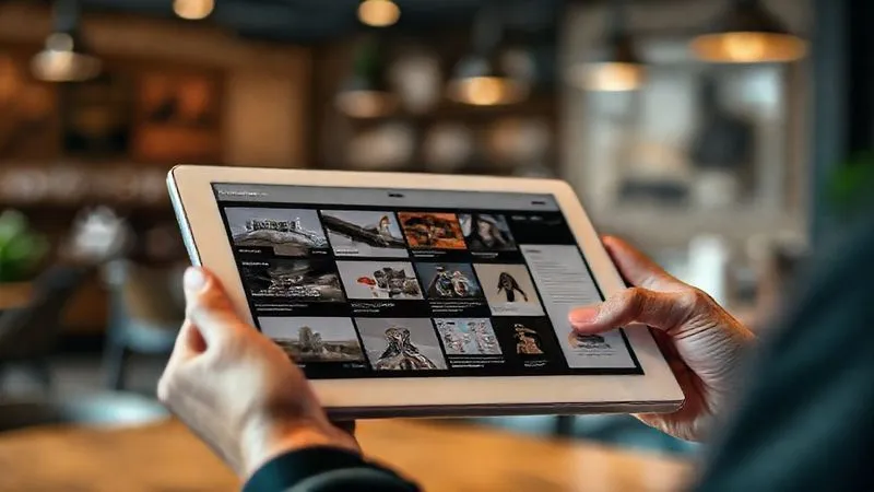 A photorealistic image of a sleek, modern digital portfolio displayed on a tablet, showcasing various projects like web design mockups, data visualizations, and creative writing samples. The tablet is held by a person with a blurred background of a cafe or co-working space, emphasizing the global, digital nature of work. Cinematic lighting, sharp focus on the portfolio content, depth of field blurring the hands and background. 8K hyper-detailed.