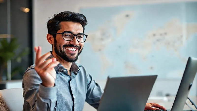A photorealistic image of a digital nomad engaged in a video call, actively networking. The person is smiling and gesturing, with a professional yet relaxed demeanor. The background shows a modern, minimalist workspace with a blurred map or cityscape. Cinematic lighting, sharp focus on the person's face and screen, depth of field blurring the background. 8K hyper-detailed, conveying connection and opportunity.