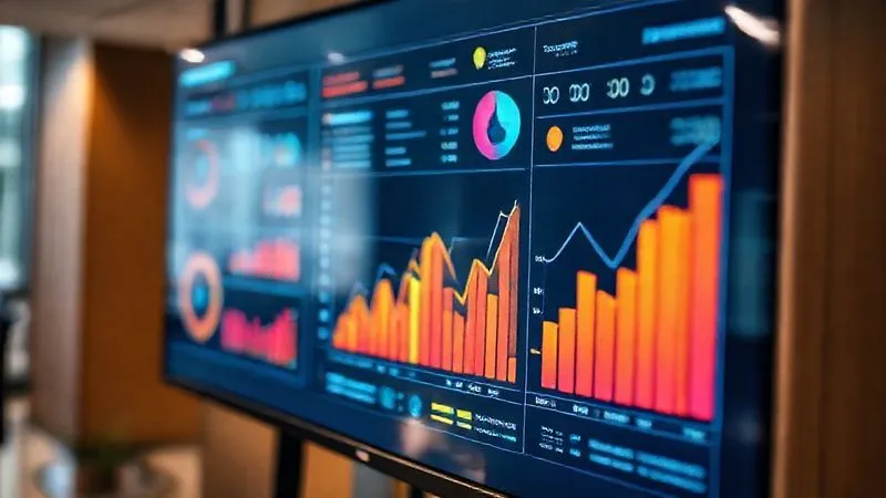 A photorealistic, professional photography of a detailed infographic displaying key performance indicators (KPIs) like website traffic growth, conversion rates, and engagement metrics. The infographic is clean, modern, with vibrant colors, and is presented on a large digital screen in a professional setting. Cinematic lighting, sharp focus on the data, depth of field blurring the background. 8K hyper-detailed, emphasizing data visualization and success.