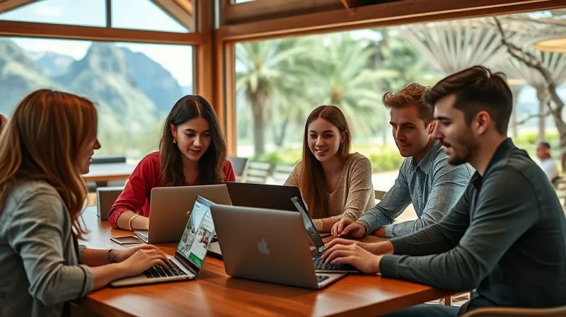 A photorealistic image of a diverse group of young professionals, digital nomads, engaged in a virtual meeting on their laptops, each in a unique, inspiring location (e.g., a mountain cabin, a beach cafe, a bustling city park). The image conveys a sense of connection and global collaboration despite physical distance. Cinematic lighting, sharp focus on the individuals and their screens, depth of field blurring the background, 8K hyper-detailed, professional photography, high-end DSLR.